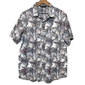 TRAVIS MATHEW White Brown Blue Tropical Print Short Sleeve Button Up Shirt Med